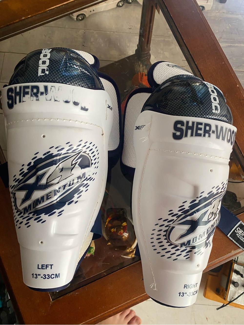 Youth Sher-Wood Momentum Hockey  Shin Guards - 13” inch / 33cm - White - Used